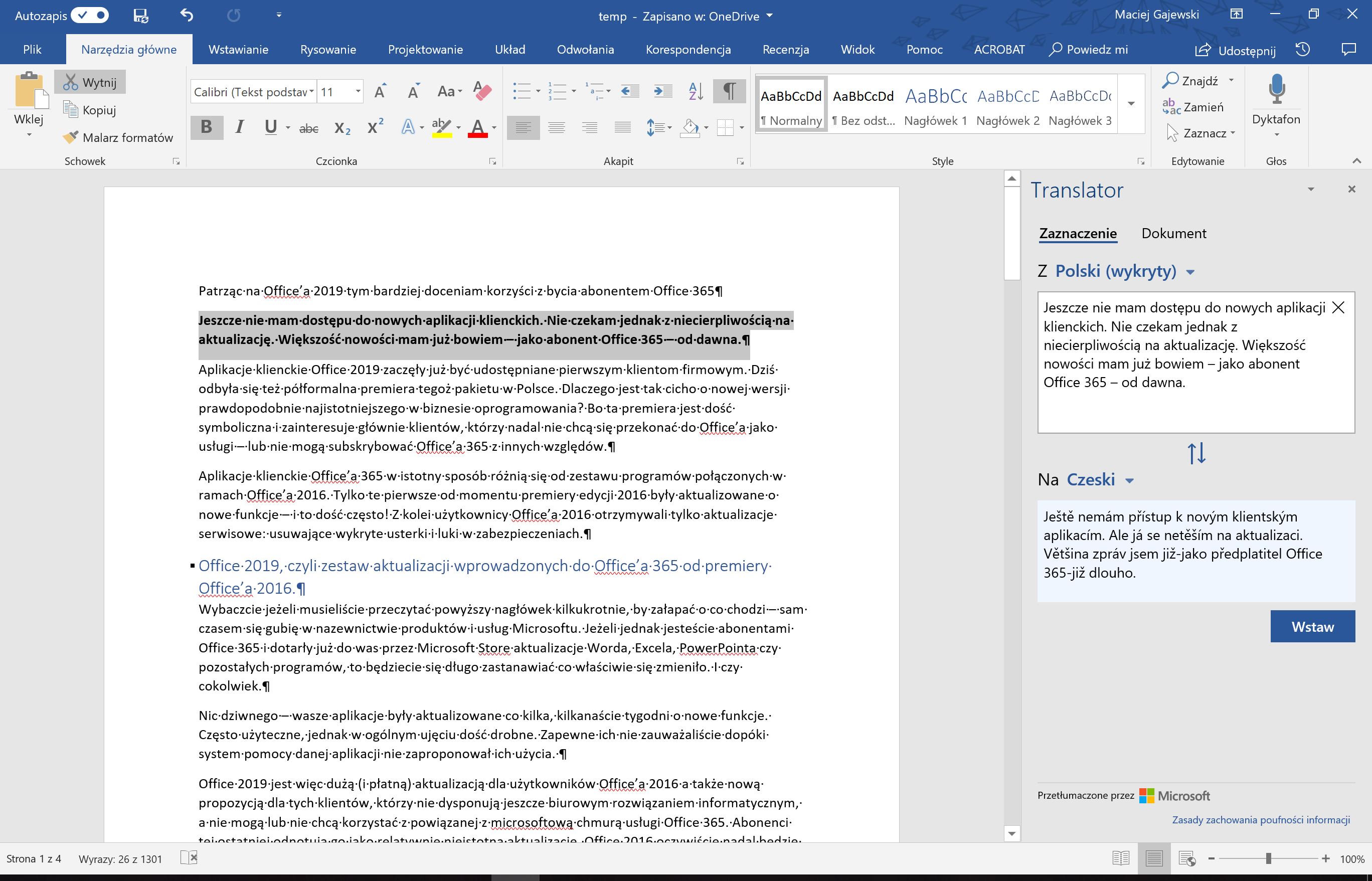 Интеграция службы Microsoft Translator с Word, Excel и PowerPoint для macOS